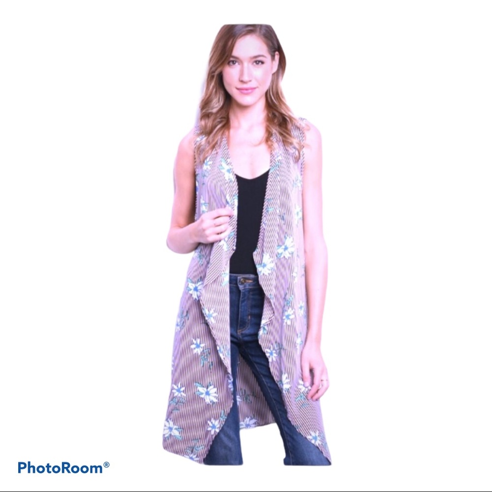 Boho Open Vest‎ Kimono Stripes and Flowers Grandmacore Staple Sz L